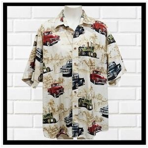 CLEARWATER Men's Vintage Red/Green/Blue Truck/Tractor Print Beigh Shirt Sz XL